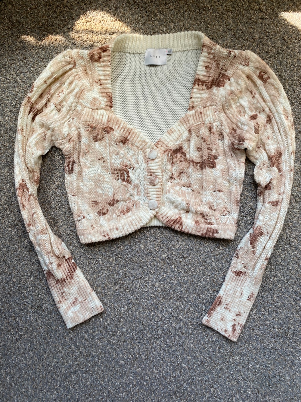 Lush Floral Button-Front Crop Cardigan - Cream & Brown